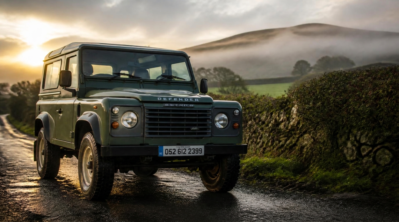 Green Land Rover Defender on a wet Irish country road at sunrise
