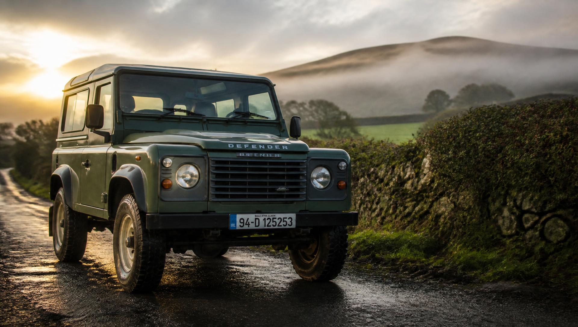 Green Land Rover Defender on a wet Irish country road at sunrise